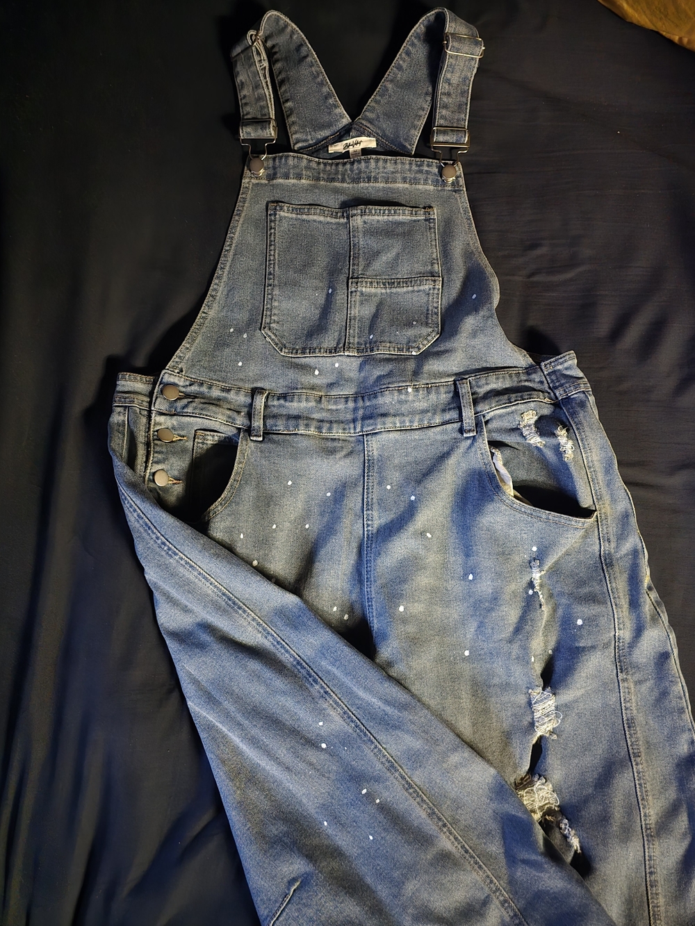 Blue Velvet Distressed Denim Paint Splater Overalls Jumpsuit
